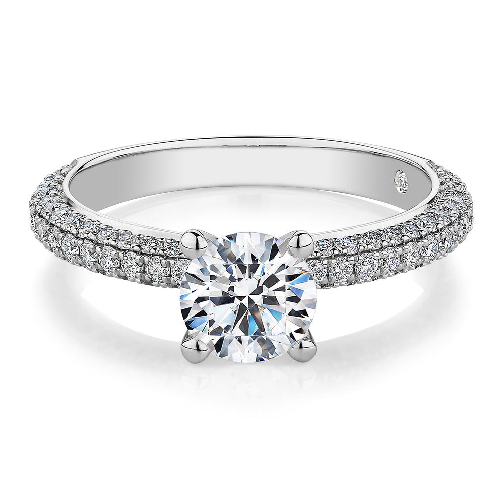 Signature Simulant Diamond 1.55 carat* TW round brilliant shouldered solitaire engagement ring in 14 carat rose and white gold