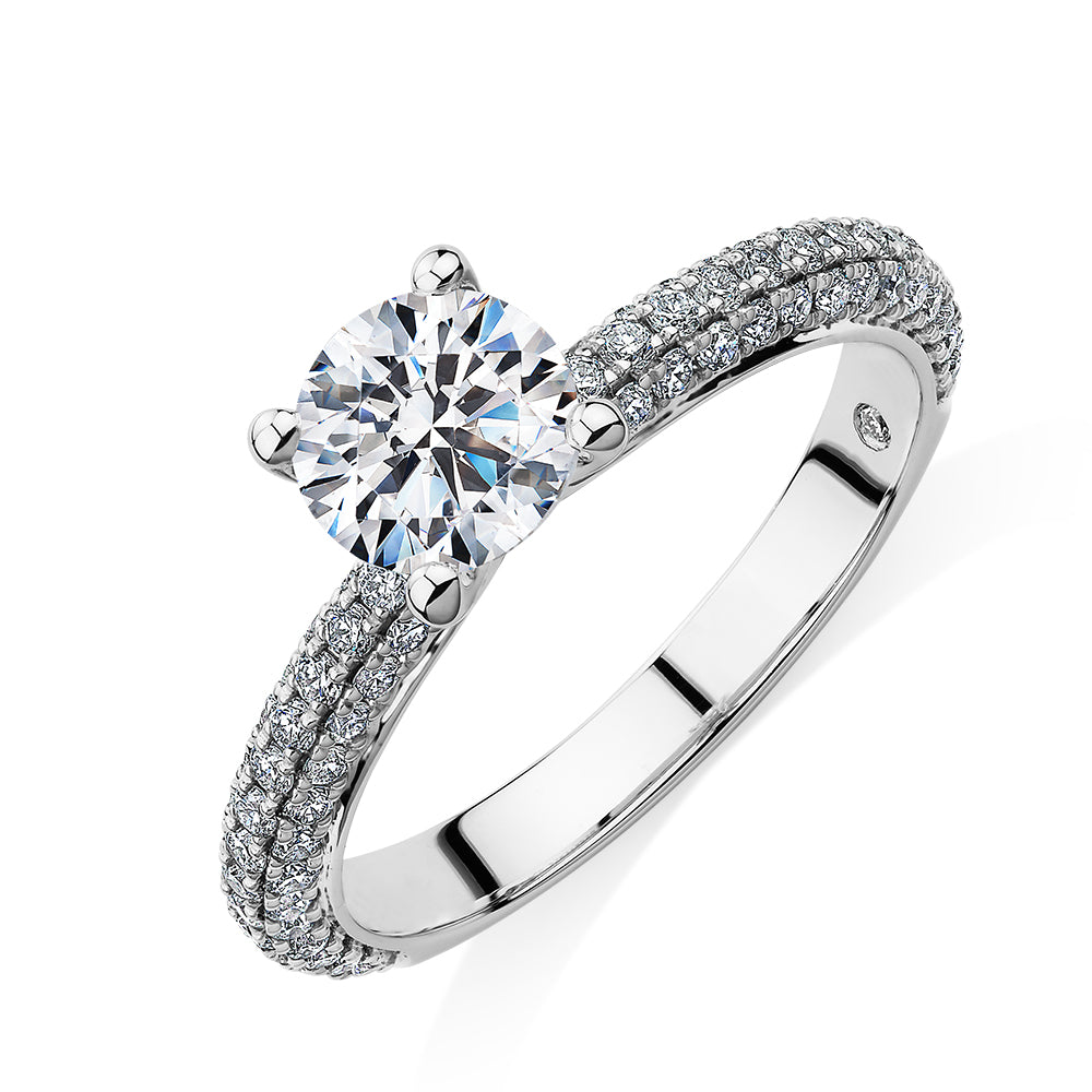 Signature Simulant Diamond 1.55 carat* TW round brilliant shouldered solitaire engagement ring in 14 carat rose and white gold