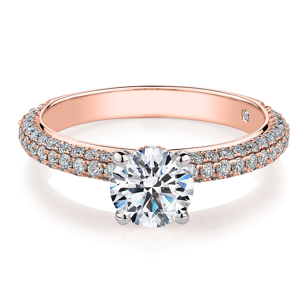 Signature Simulant Diamond 1.62 carat* TW round brilliant shouldered solitaire engagement ring in 14 carat rose and white gold