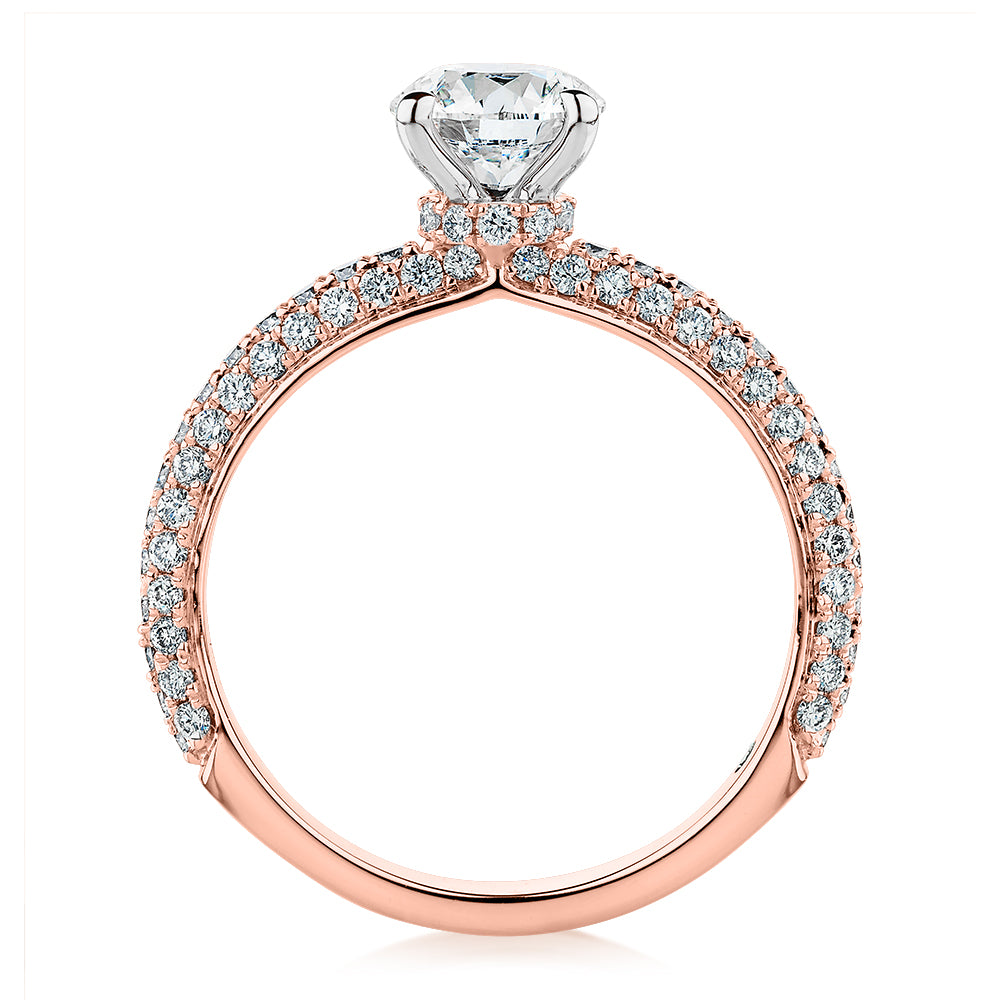Signature Simulant Diamond 1.62 carat* TW round brilliant shouldered solitaire engagement ring in 14 carat rose and white gold