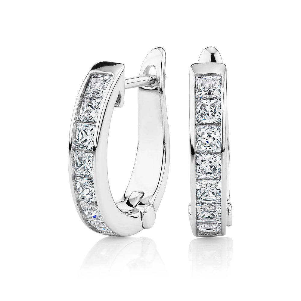 Princess Cut hoop earrings with 0.84 carats* of diamond simulants in sterling silver