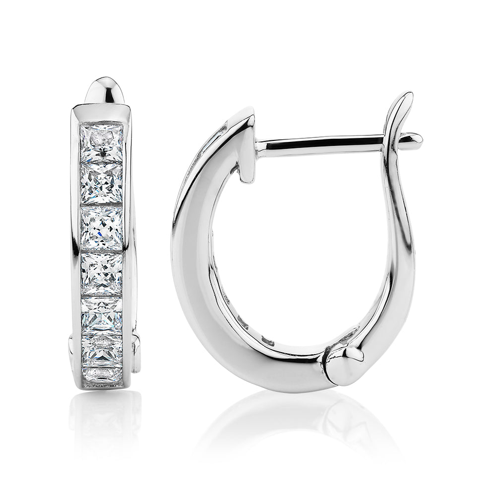 Princess Cut hoop earrings with 0.84 carats* of diamond simulants in sterling silver