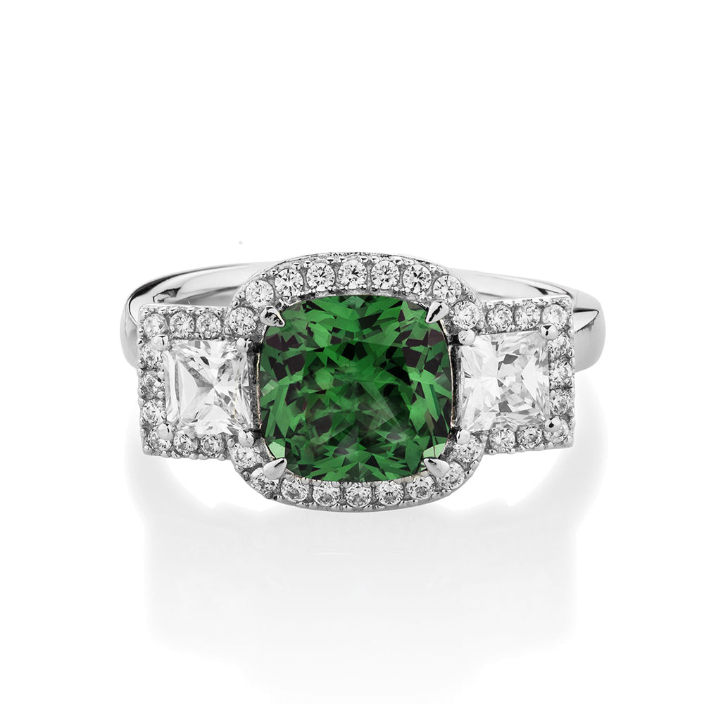 Dress ring with emerald simulant and 0.99 carats* of diamond simulants in sterling silver