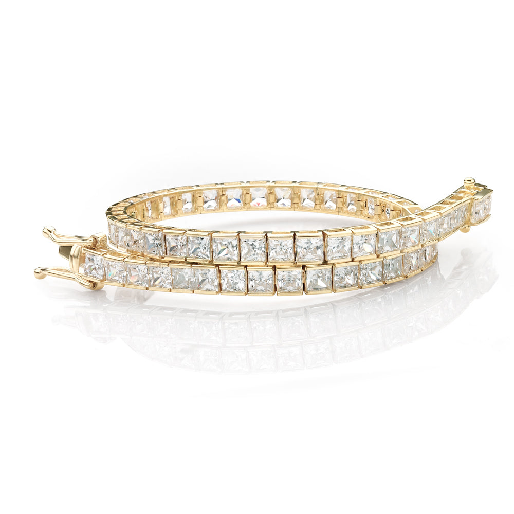 Princess Cut tennis bracelet with 11.34 carats* of diamond simulants in 10 carat yellow gold