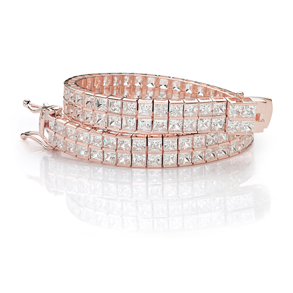 Princess Cut tennis bracelet with 22.68 carats* of diamond simulants in 10 carat rose gold