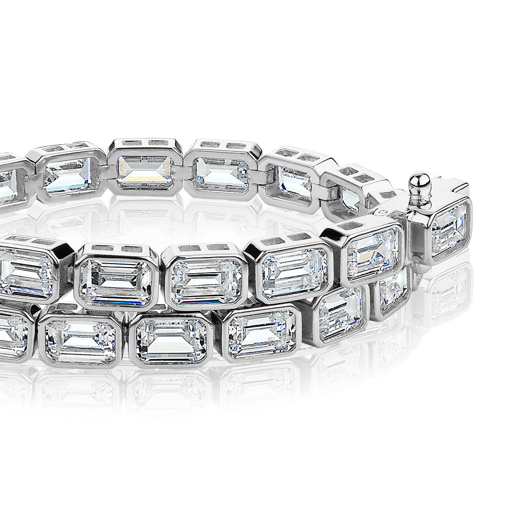 Emerald Cut tennis bracelet with 17.16 carats* of diamond simulants in sterling silver