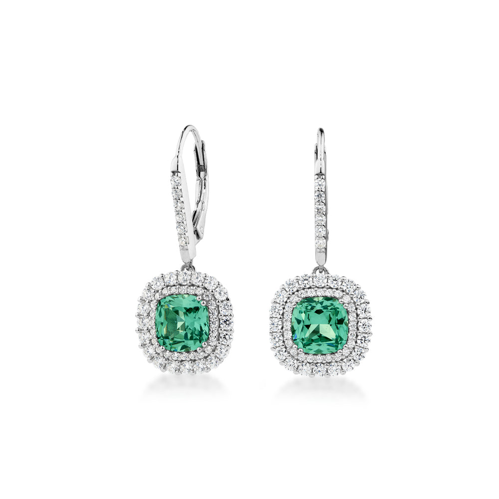 Cushion and Round Brilliant drop earrings with ocean green simulants and 0.96 carats* of diamond simulants in sterling silver