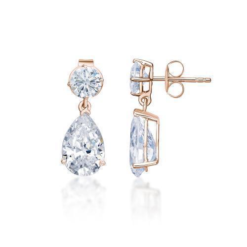 Pear and Round Brilliant drop earrings with 4.52 carats* of diamond simulants in 10 carat rose gold