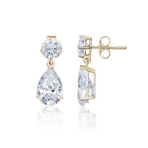 Pear and Round Brilliant drop earrings with 4.52 carats* of diamond simulants in 10 carat yellow gold
