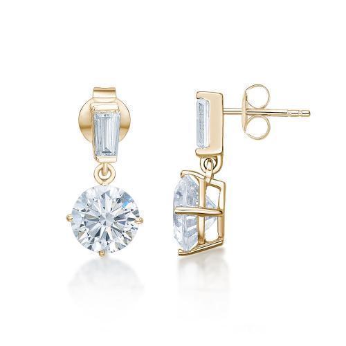 Round Brilliant and Baguette drop earrings with 1.33 carats* of diamond simulants in 10 carat yellow gold