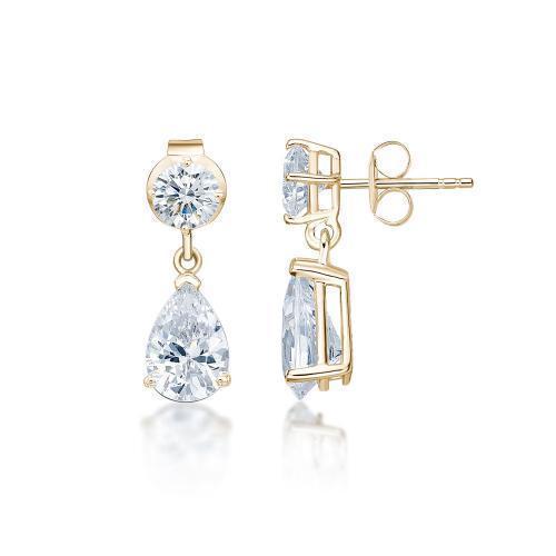 Pear and Round Brilliant drop earrings with 1.92 carats* of diamond simulants in 10 carat yellow gold