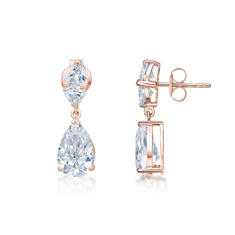 Pear and Cushion Trilliant drop earrings with 7.68 carats* of diamond simulants in 10 carat rose gold