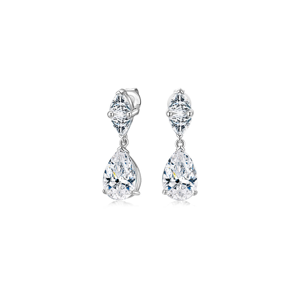 Pear and Cushion Trilliant drop earrings with 7.68 carats* of diamond simulants in 10 carat white gold