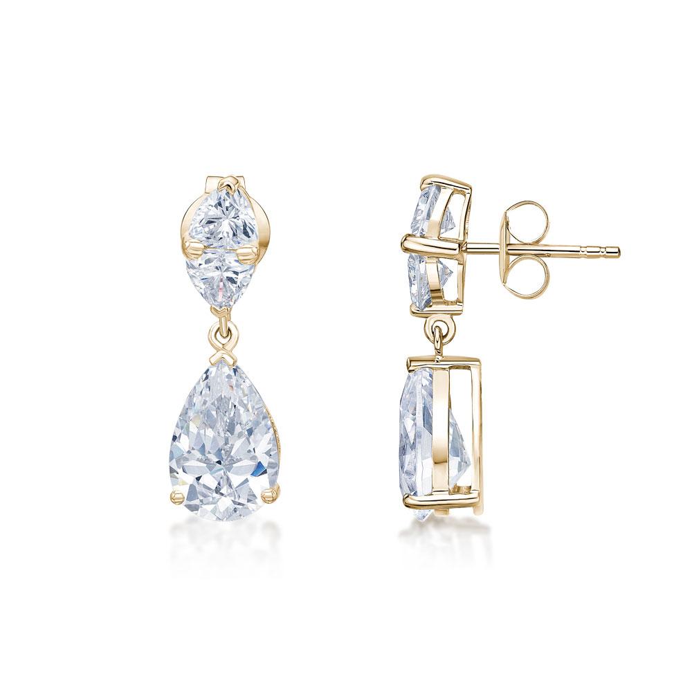 Pear and Cushion Trilliant drop earrings with 7.68 carats* of diamond simulants in 10 carat yellow gold