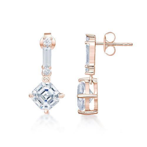 Asscher, Baguette and Round Brilliant drop earrings with 1.74 carats* of diamond simulants in 10 carat rose gold