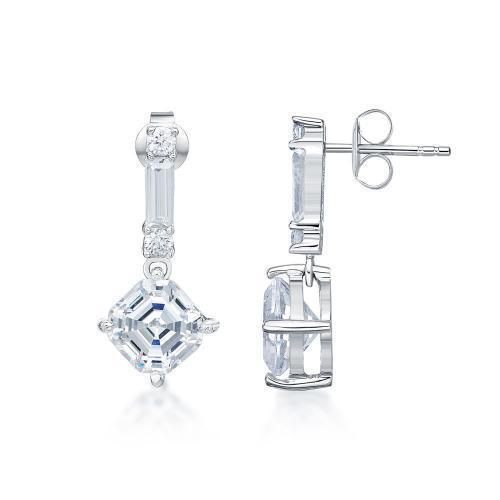 Asscher, Baguette and Round Brilliant drop earrings with 1.74 carats* of diamond simulants in 10 carat white gold