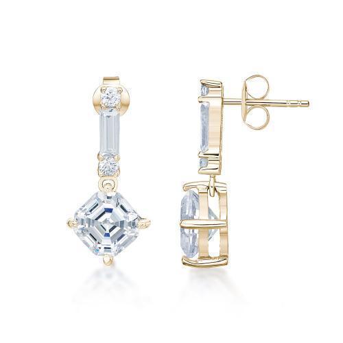 Asscher, Baguette and Round Brilliant drop earrings with 1.74 carats* of diamond simulants in 10 carat yellow gold