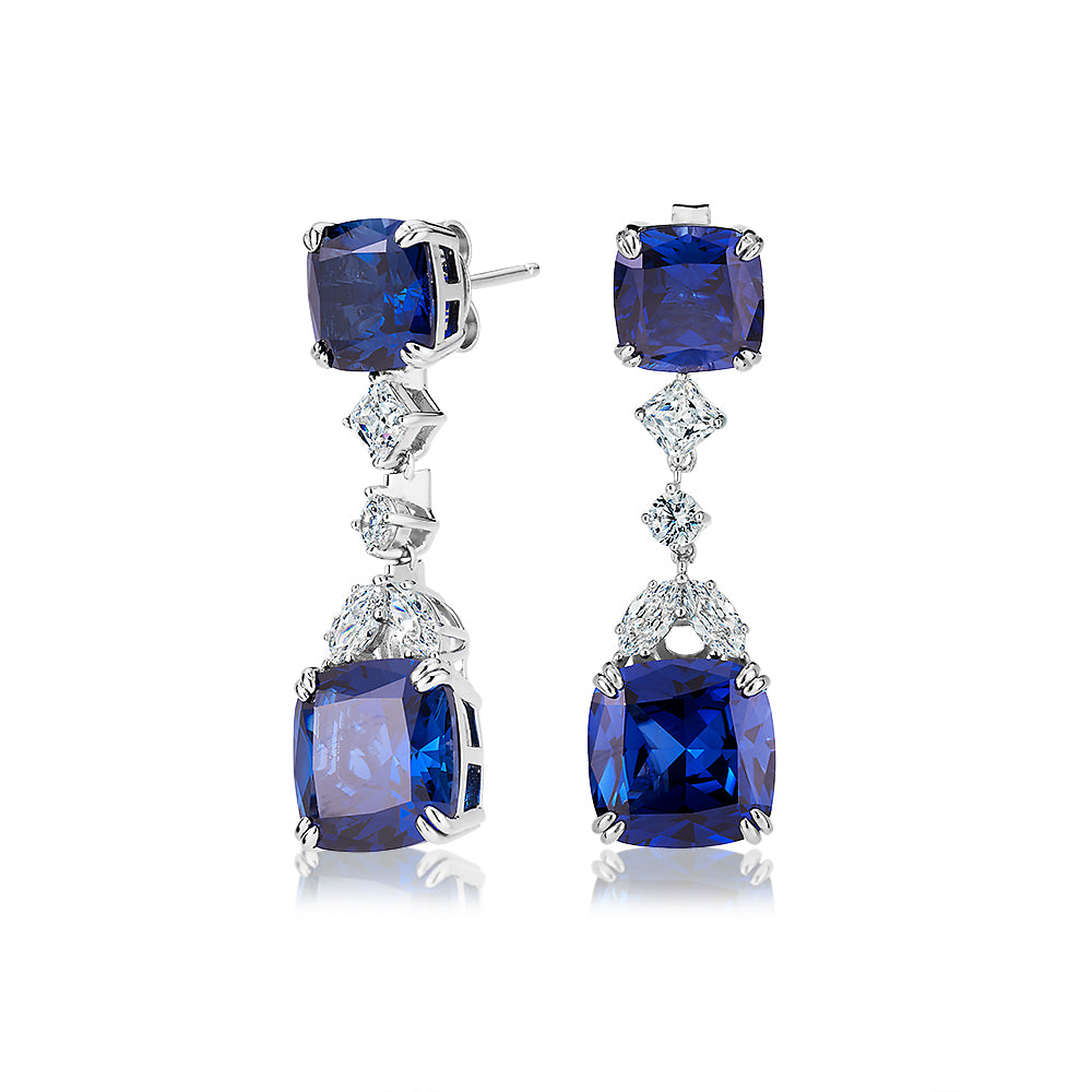 Statement earrings with sapphire simulants and 1.36 carats* of diamond simulants in sterling silver
