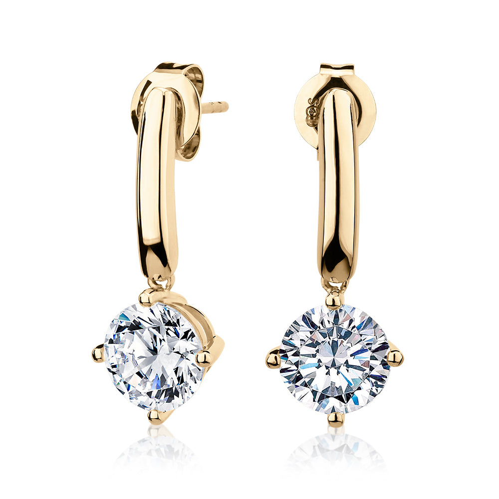 Round Brilliant drop earrings with 3.34 carats* of diamond simulants in 10 carat yellow gold