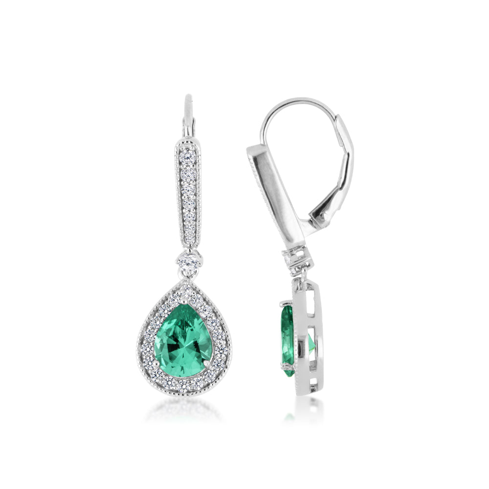 Pear and Round Brilliant drop earrings with ocean green simulants and 0.62 carats* of diamond simulants in sterling silver