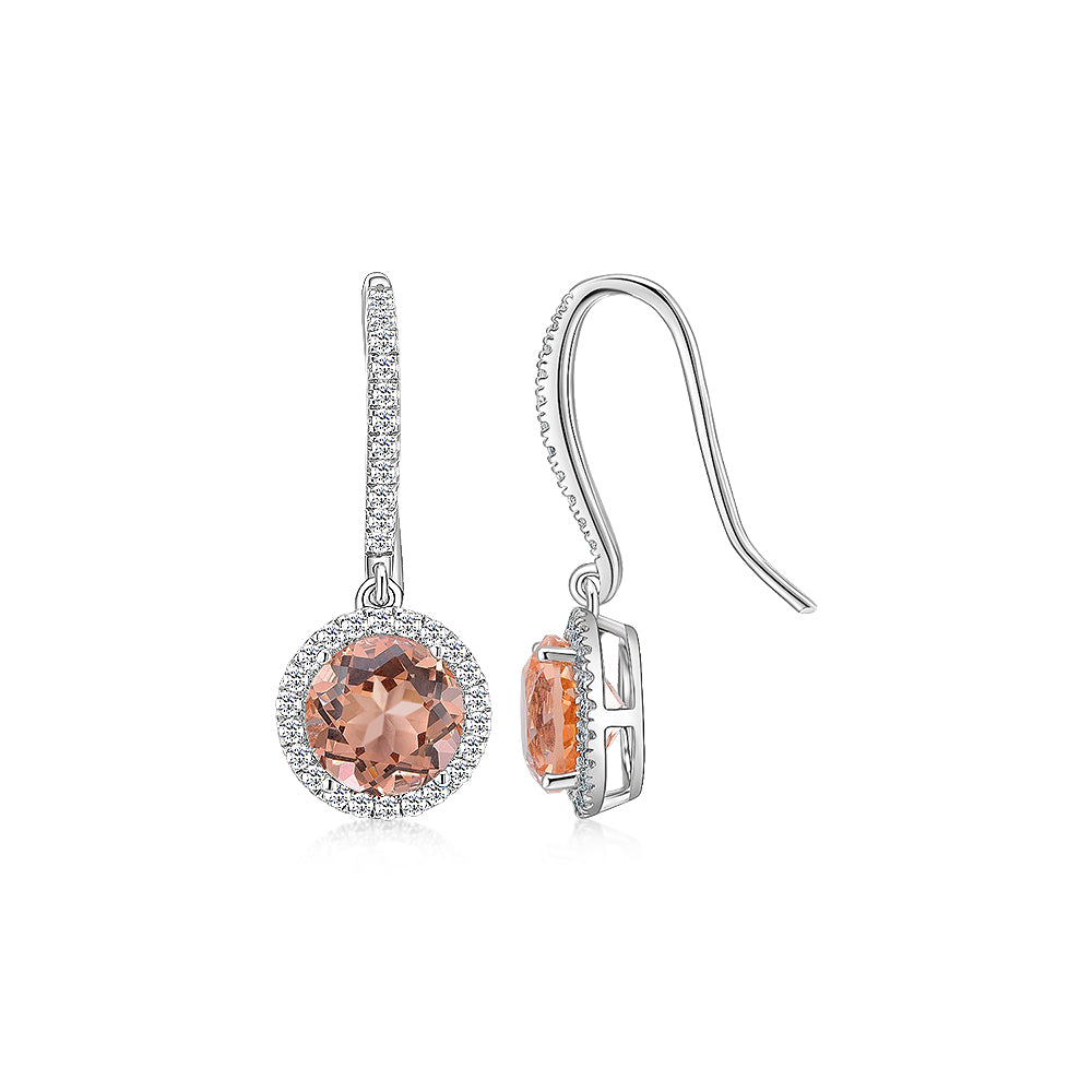 Round Brilliant drop earrings with morganite simulants and 1.2 carats* of diamond simulants in sterling silver