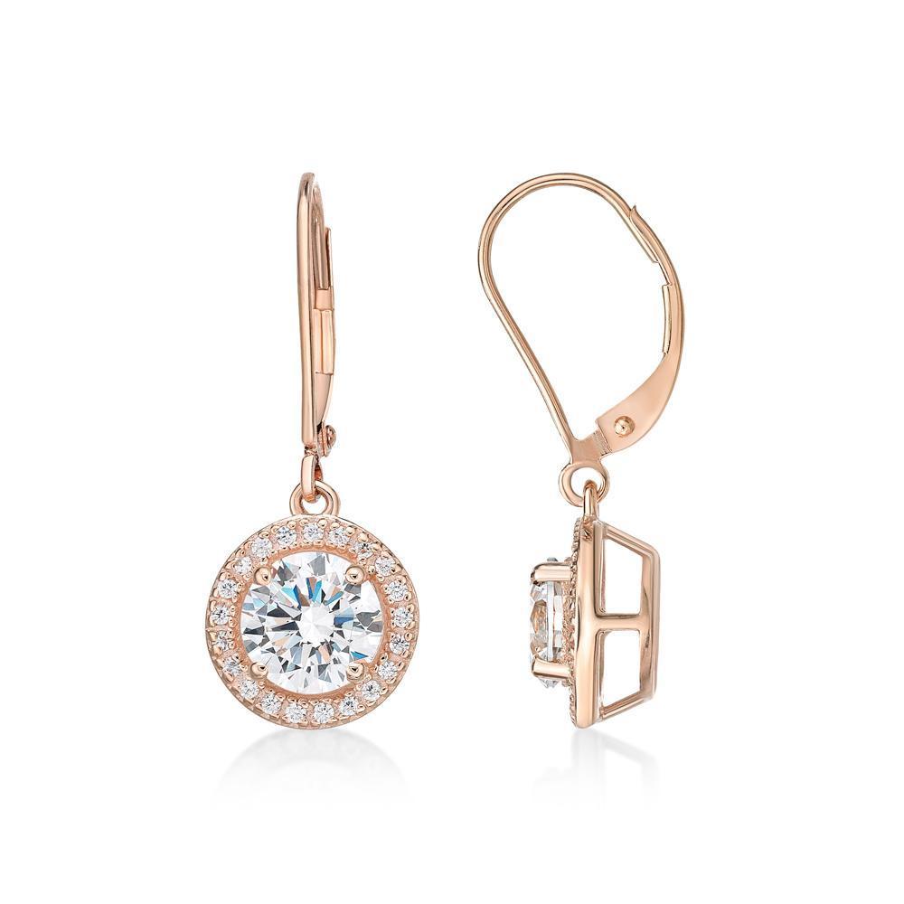 Round Brilliant halo drop earrings with 2.27 carats* of diamond simulants in 10 carat rose gold