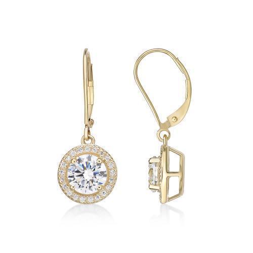 Round Brilliant halo drop earrings with 2.27 carats* of diamond simulants in 10 carat yellow gold