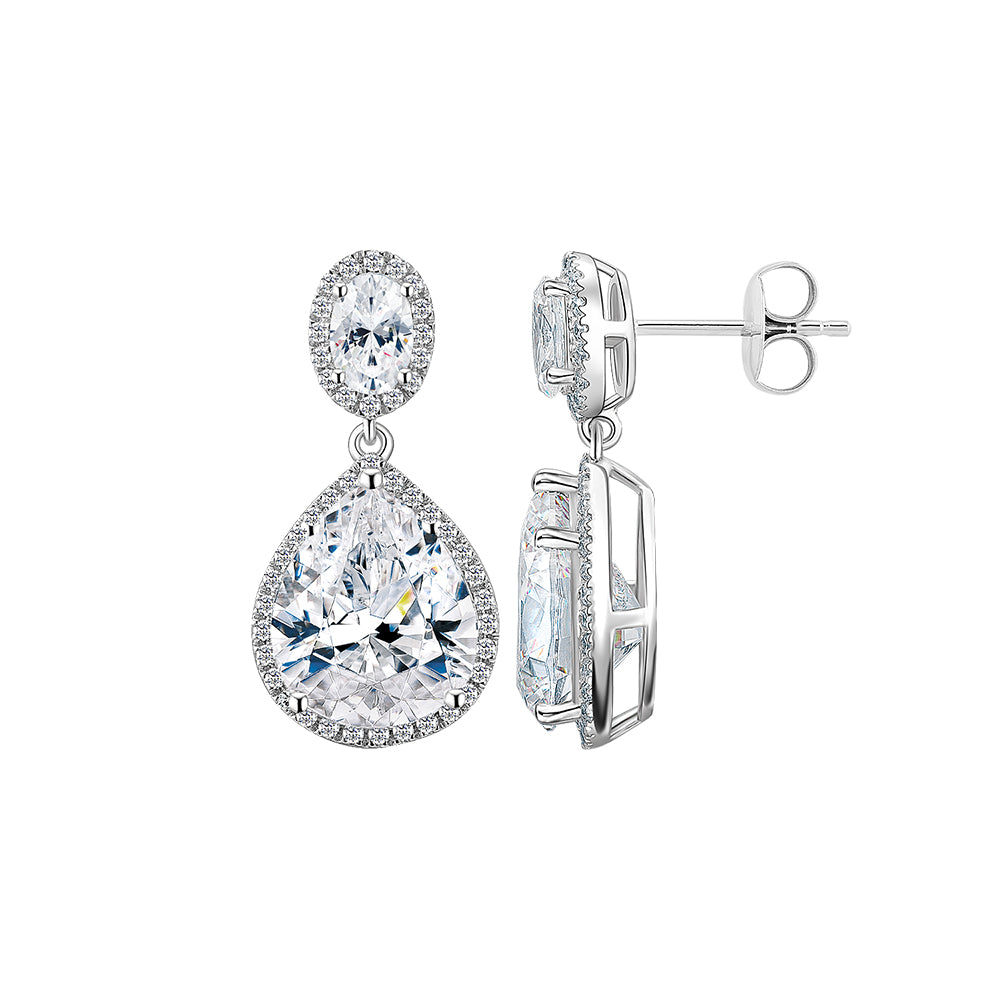 Pear and Oval halo stud earrings with 8.2 carats* of diamond simulants in 10 carat white gold