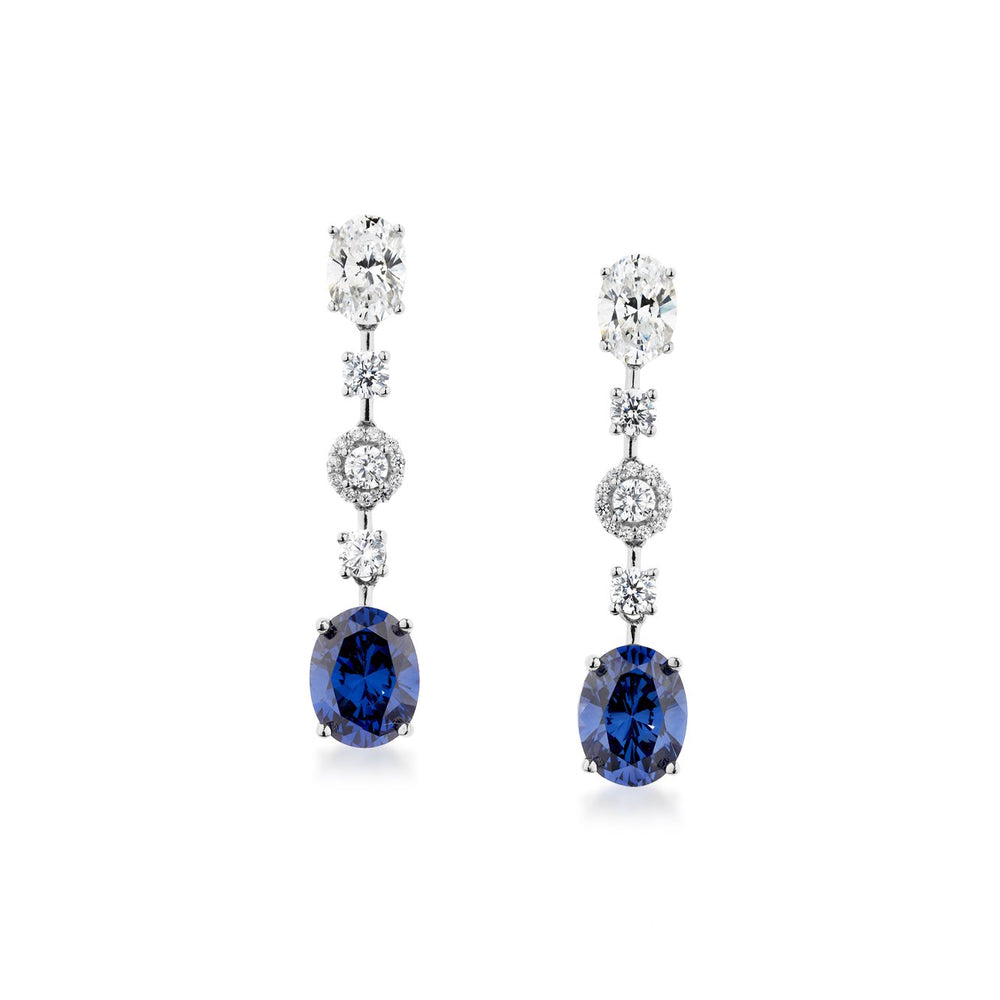 Oval and Round Brilliant drop earrings with tanzanite simulants and 4.43 carats* of diamond simulants in sterling silver