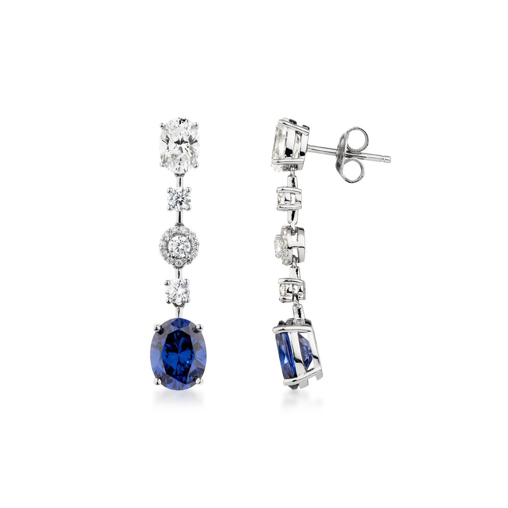 Oval and Round Brilliant drop earrings with tanzanite simulants and 4.43 carats* of diamond simulants in sterling silver