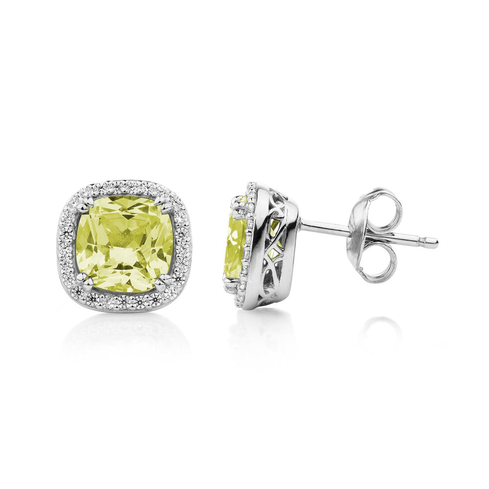 Cushion and Round Brilliant halo stud earrings with 2.81 carats* of diamond simulants in sterling silver
