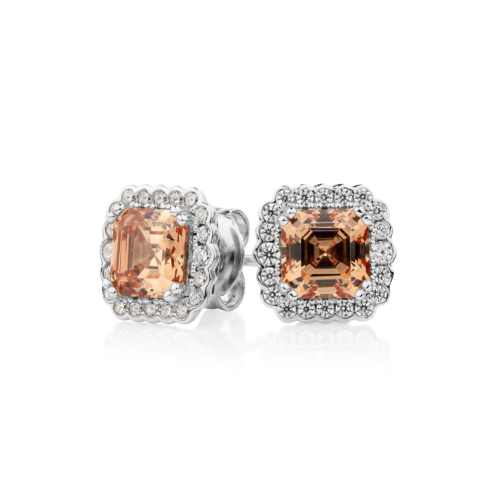 Asscher and Round Brilliant halo stud earrings with 2.9 carats* of diamond simulants in sterling silver