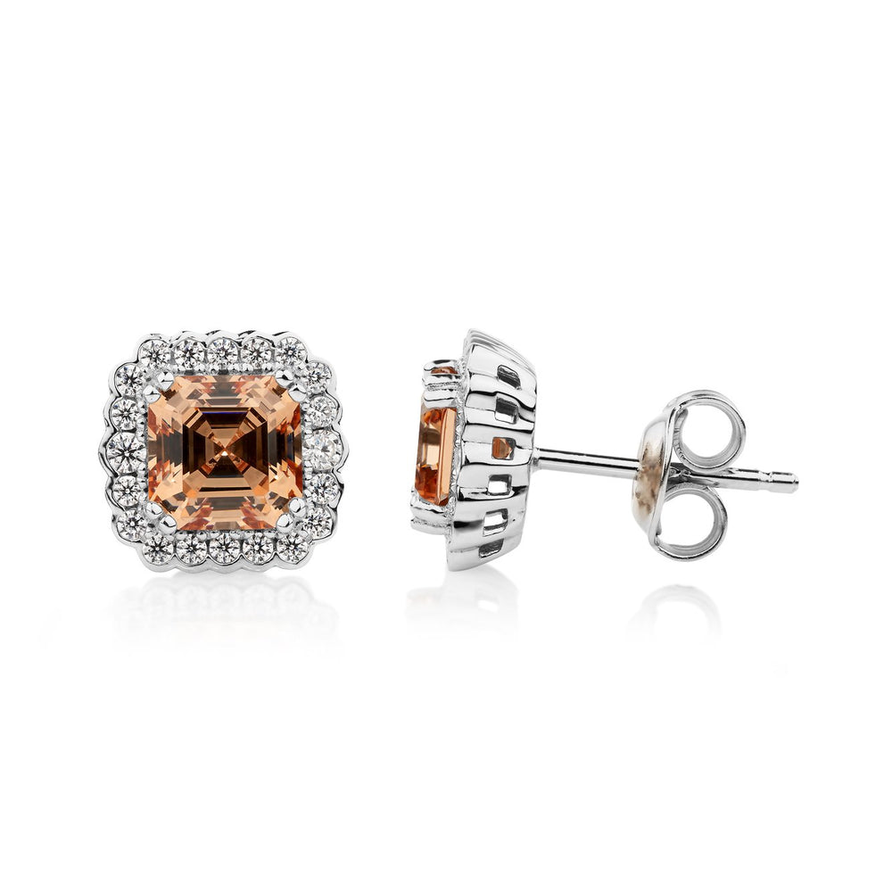 Asscher and Round Brilliant halo stud earrings with 2.9 carats* of diamond simulants in sterling silver