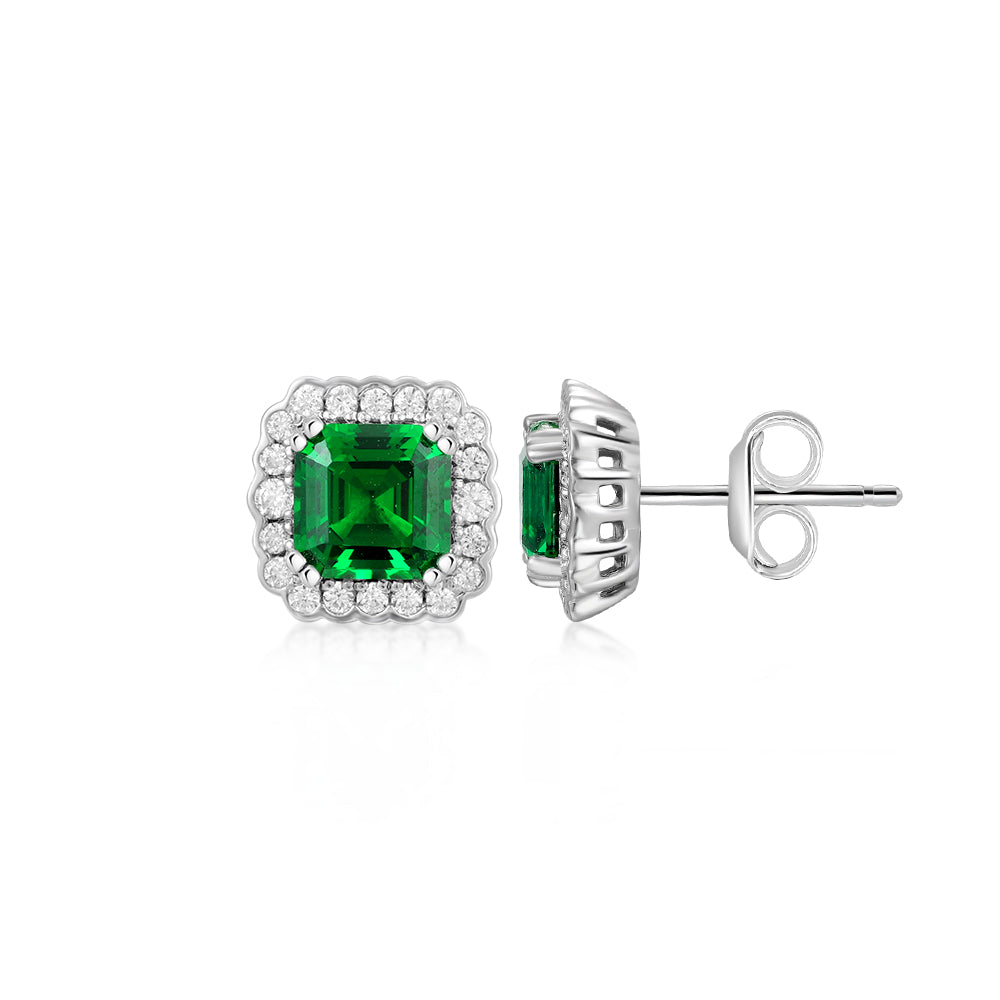 Asscher and Round Brilliant halo stud earrings with emerald simulants and 0.42 carats* of diamond simulants in sterling silver