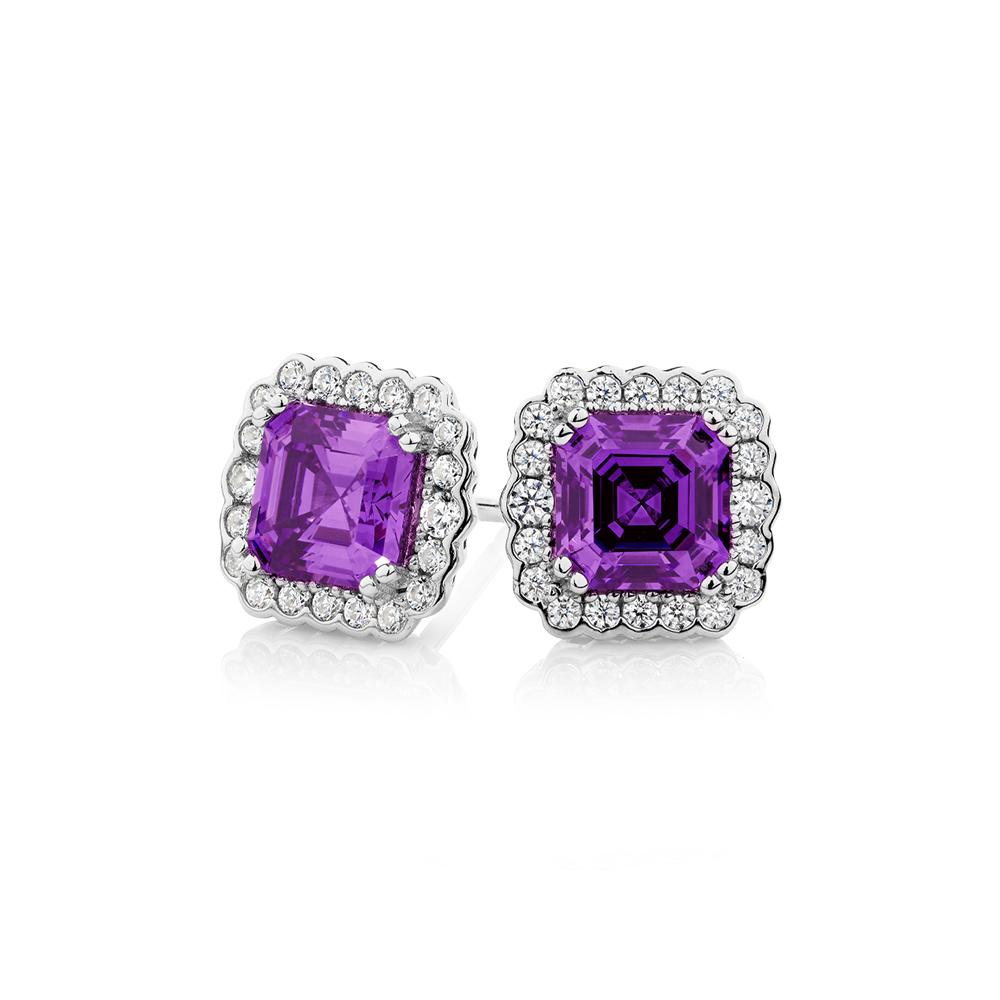 Asscher and Round Brilliant halo stud earrings with amethyst simulants and 0.42 carats* of diamond simulants in sterling silver