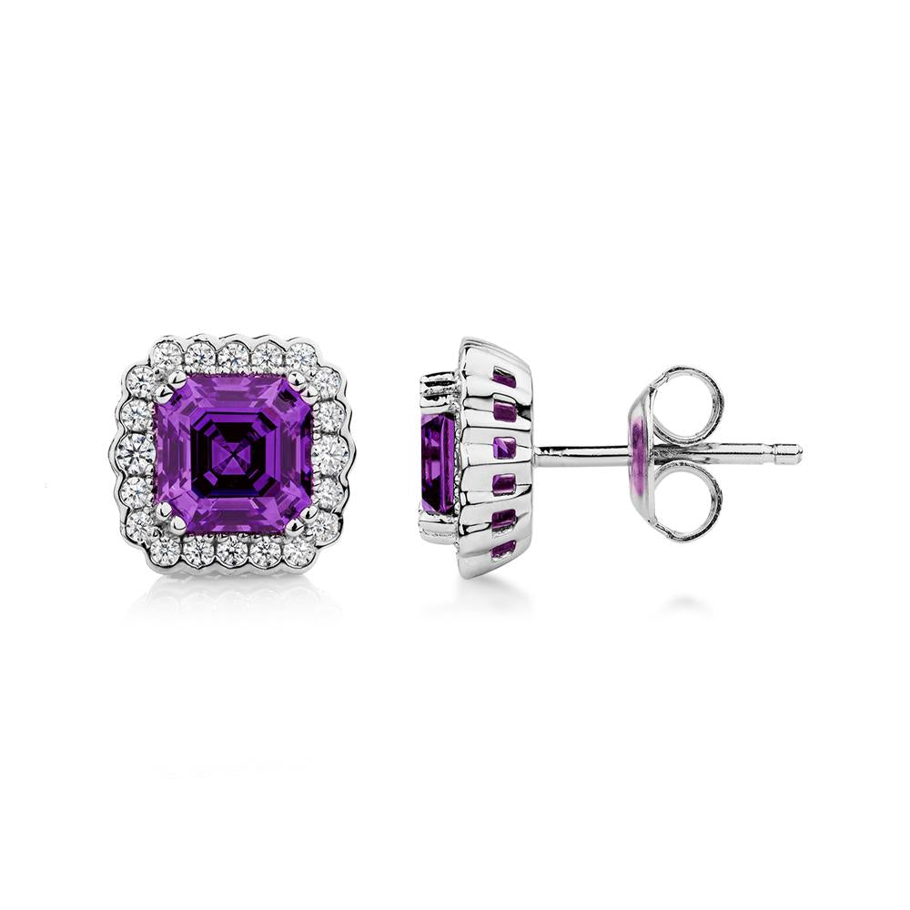 Asscher and Round Brilliant halo stud earrings with amethyst simulants and 0.42 carats* of diamond simulants in sterling silver