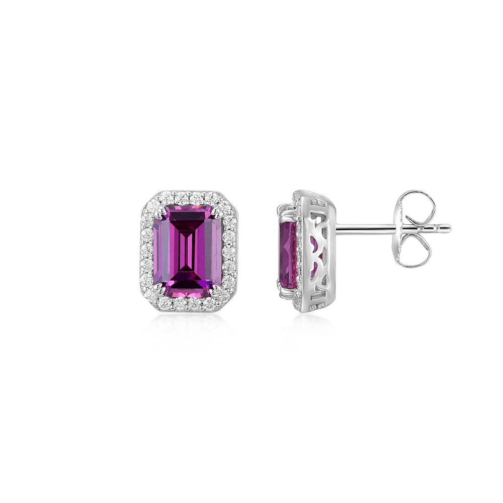 Emerald Cut and Round Brilliant halo stud earrings with pink tourmaline simulants and 0.29 carats* of diamond simulants in sterling silver