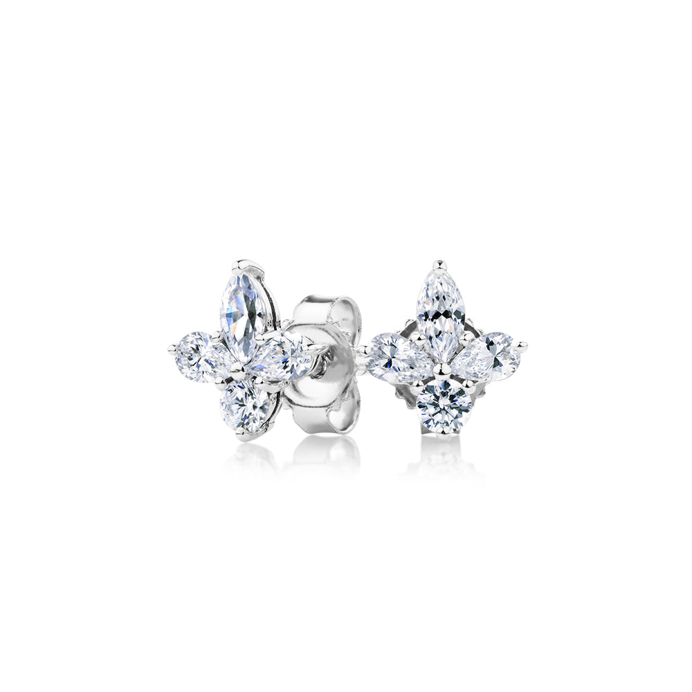 Marquise, Pear and Round Brilliant stud earrings with 0.8 carats* of diamond simulants in 10 carat white gold