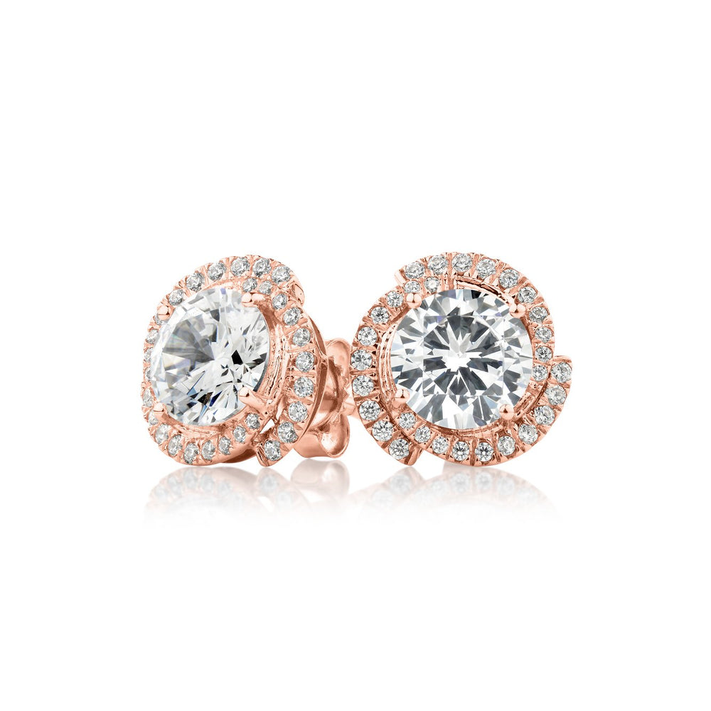 Round Brilliant halo stud earrings with 2.27 carats* of diamond simulants in 10 carat rose gold