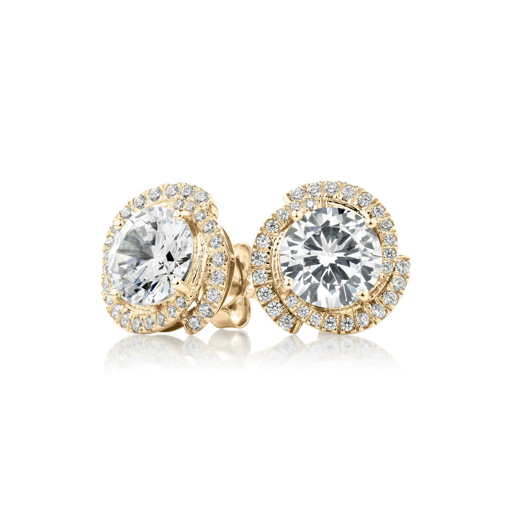 Round Brilliant halo stud earrings with 2.27 carats* of diamond simulants in 10 carat yellow gold
