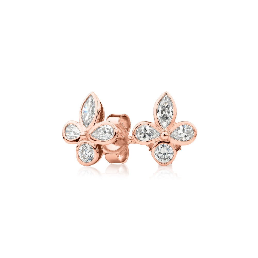 Marquise, Pear and Round Brilliant stud earrings with 0.8 carats* of diamond simulants in 10 carat rose gold