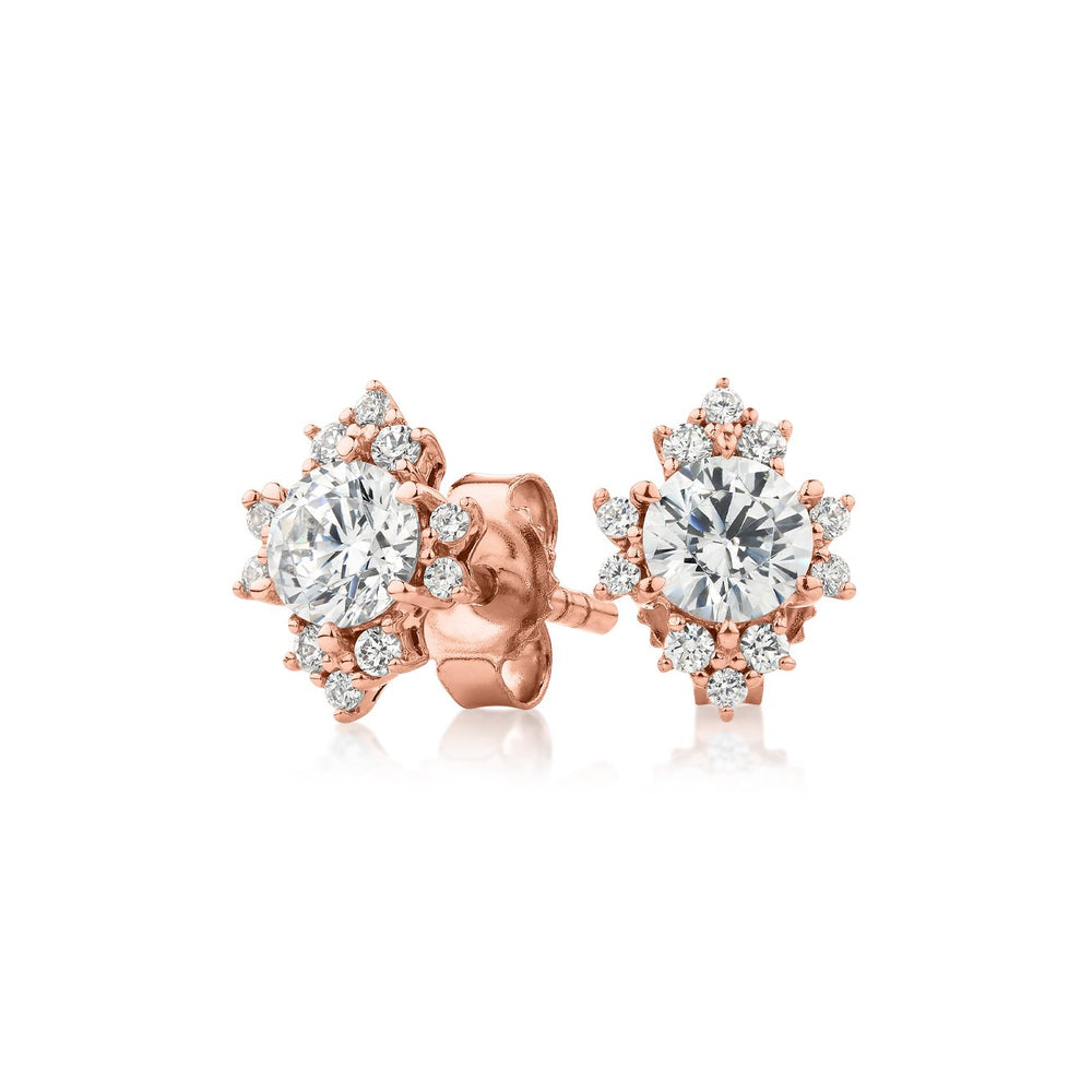Round Brilliant stud earrings with 0.6 carats* of diamond simulants in 10 carat rose gold