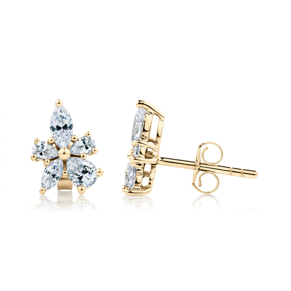 Marquise and Pear stud earrings with 1.42 carats* of diamond simulants in 10 carat yellow gold