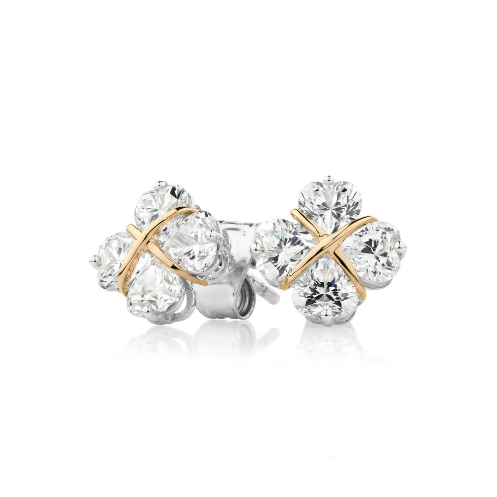 Heart fancy earrings with 2 carats* of diamond simulants in 10 carat yellow gold and sterling silver