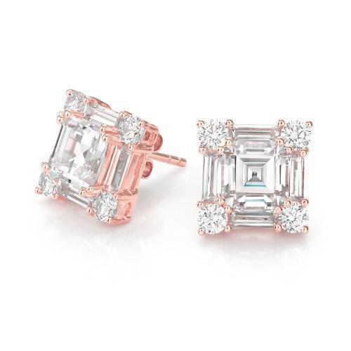Princess Cut, Baguette and Round Brilliant stud earrings with 8.42 carats* of diamond simulants in 10 carat rose gold