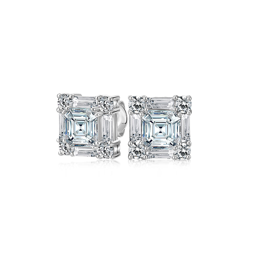 Princess Cut, Baguette and Round Brilliant stud earrings with 8.42 carats* of diamond simulants in 10 carat white gold