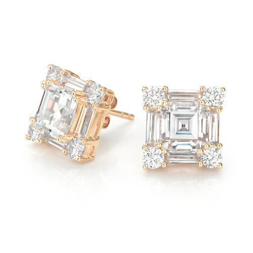 Princess Cut, Baguette and Round Brilliant stud earrings with 8.42 carats* of diamond simulants in 10 carat yellow gold