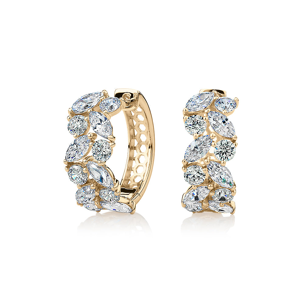 Marquise and Round Brilliant hoop earrings with 2.88 carats* of diamond simulants in 10 carat yellow gold