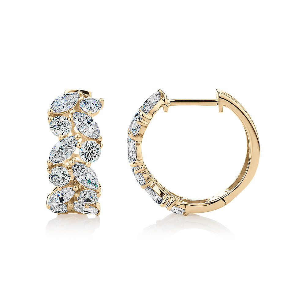 Marquise and Round Brilliant hoop earrings with 2.88 carats* of diamond simulants in 10 carat yellow gold