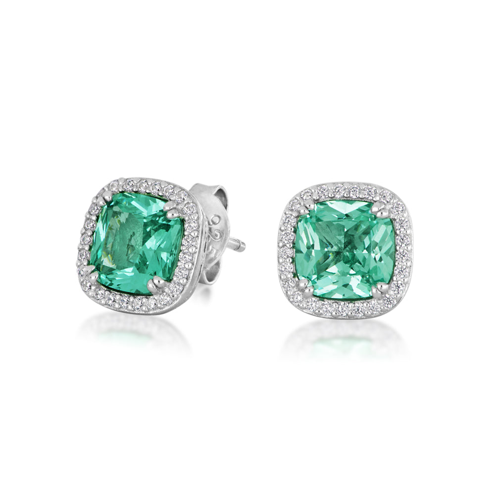 Cushion and Round Brilliant halo stud earrings with ocean green simulants and 0.25 carats* of diamond simulants in sterling silver
